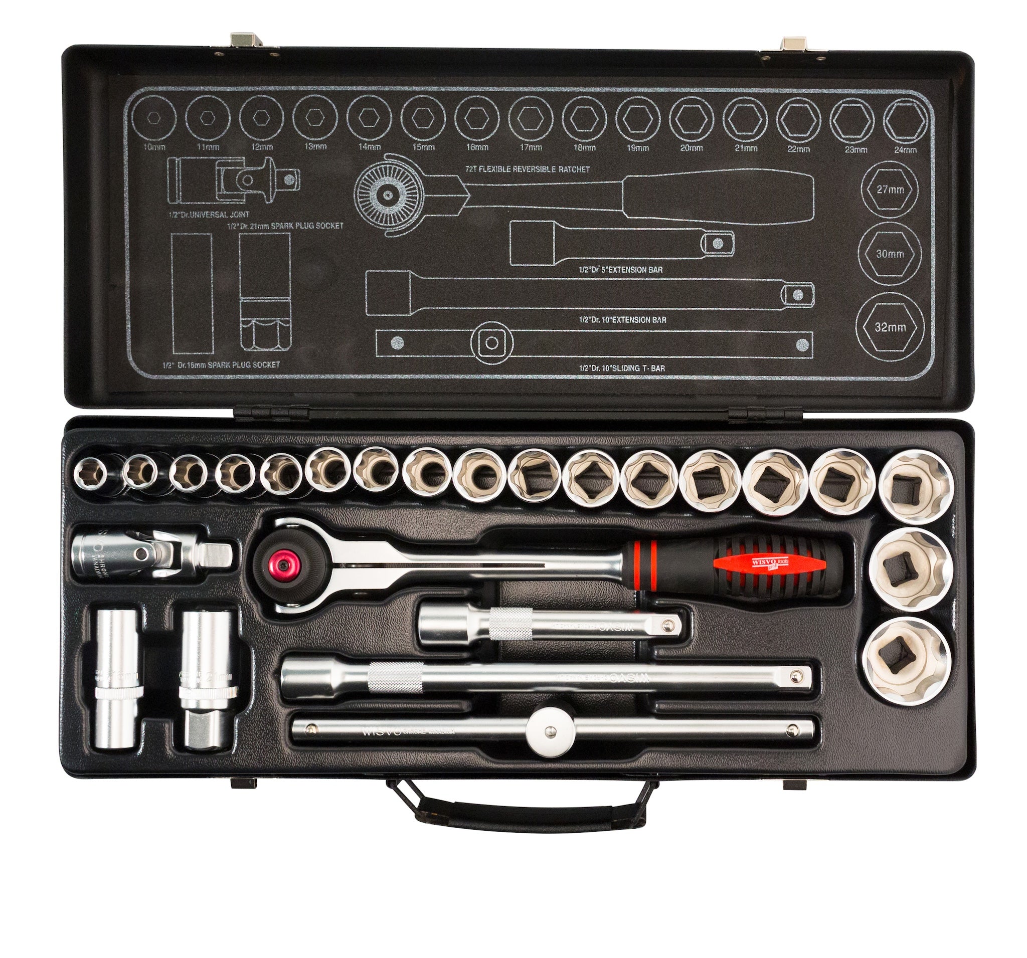 WISVO Dopsleutelset 1/2'' in Metalen Cassette 25-delig 10-32mm