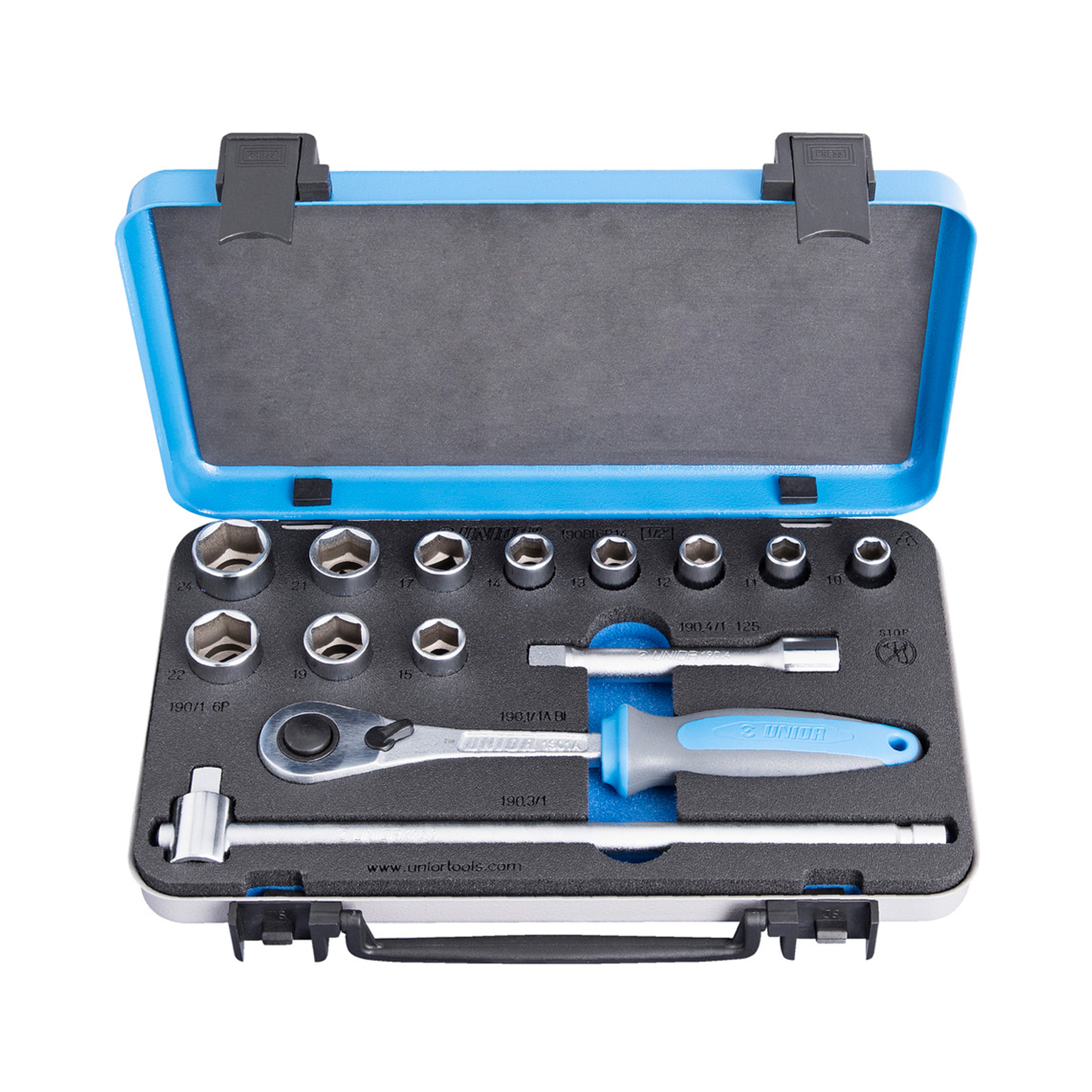 UNIOR Dopsleutelset 1/2" in Metalen Cassette 14-delig 10-24mm