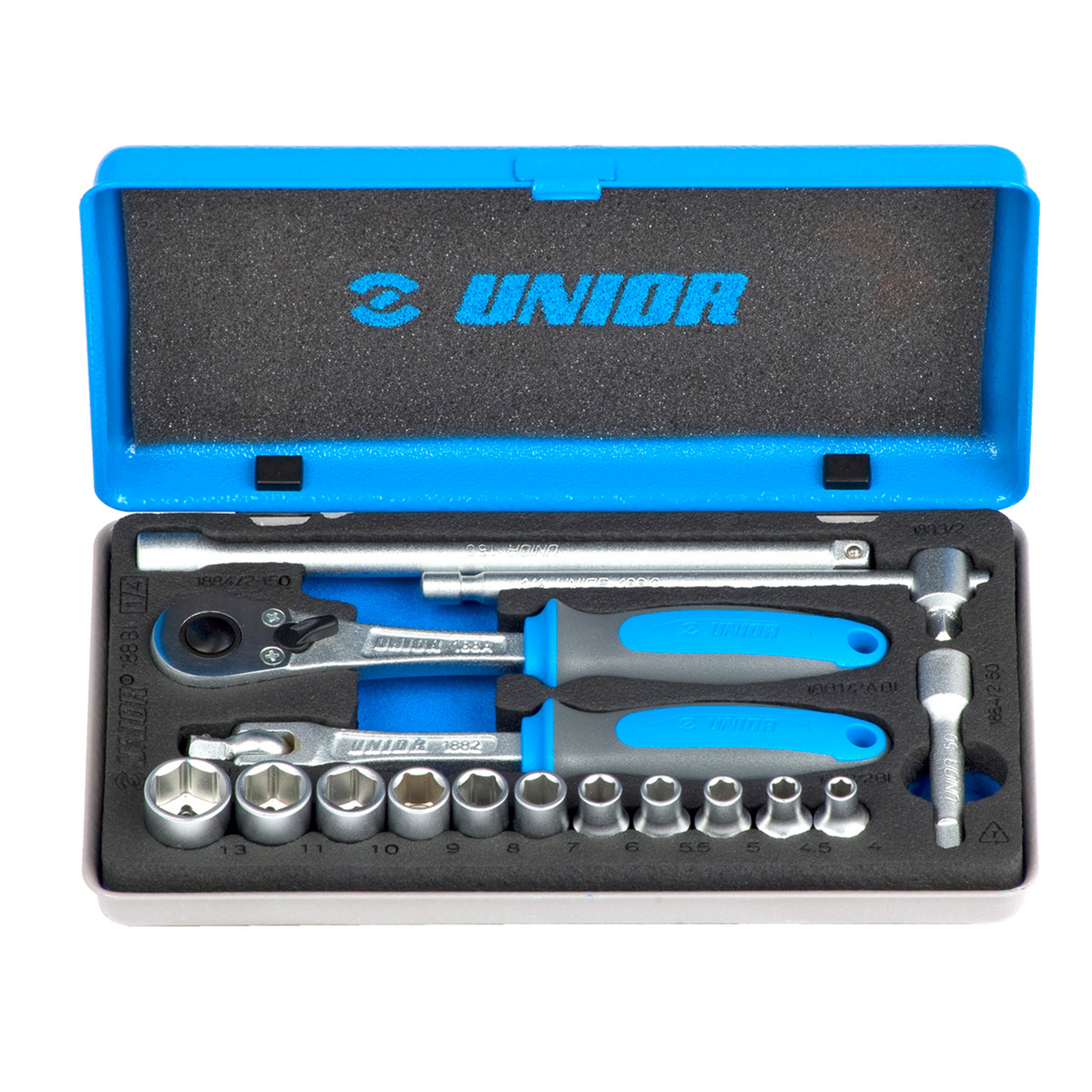 UNIOR Dopsleutelset 1/4'' in Metalen Cassette 16-delig 4-13mm