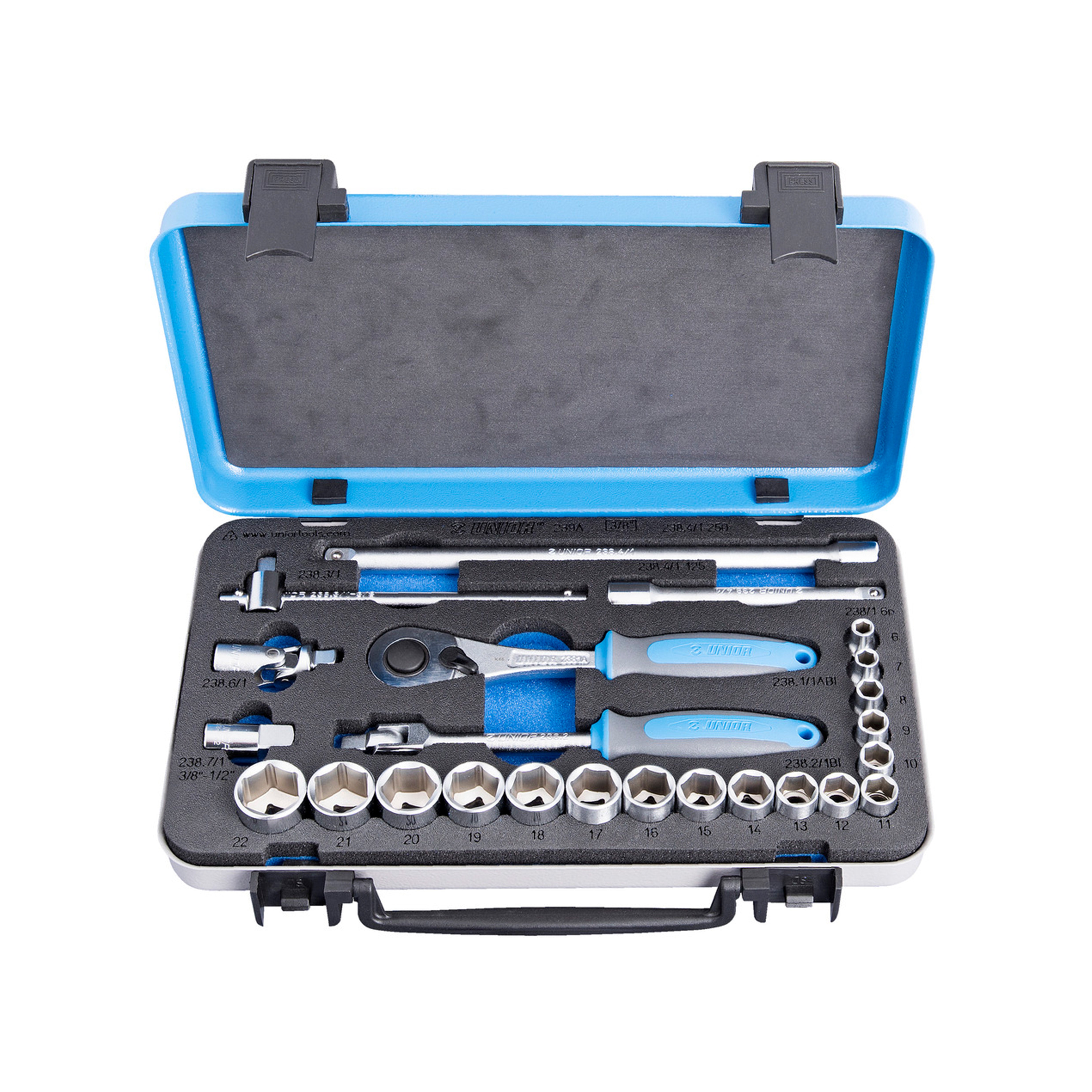 UNIOR Dopsleutelset 3/8'' in Metalen Cassette 24-delig 6-22mm