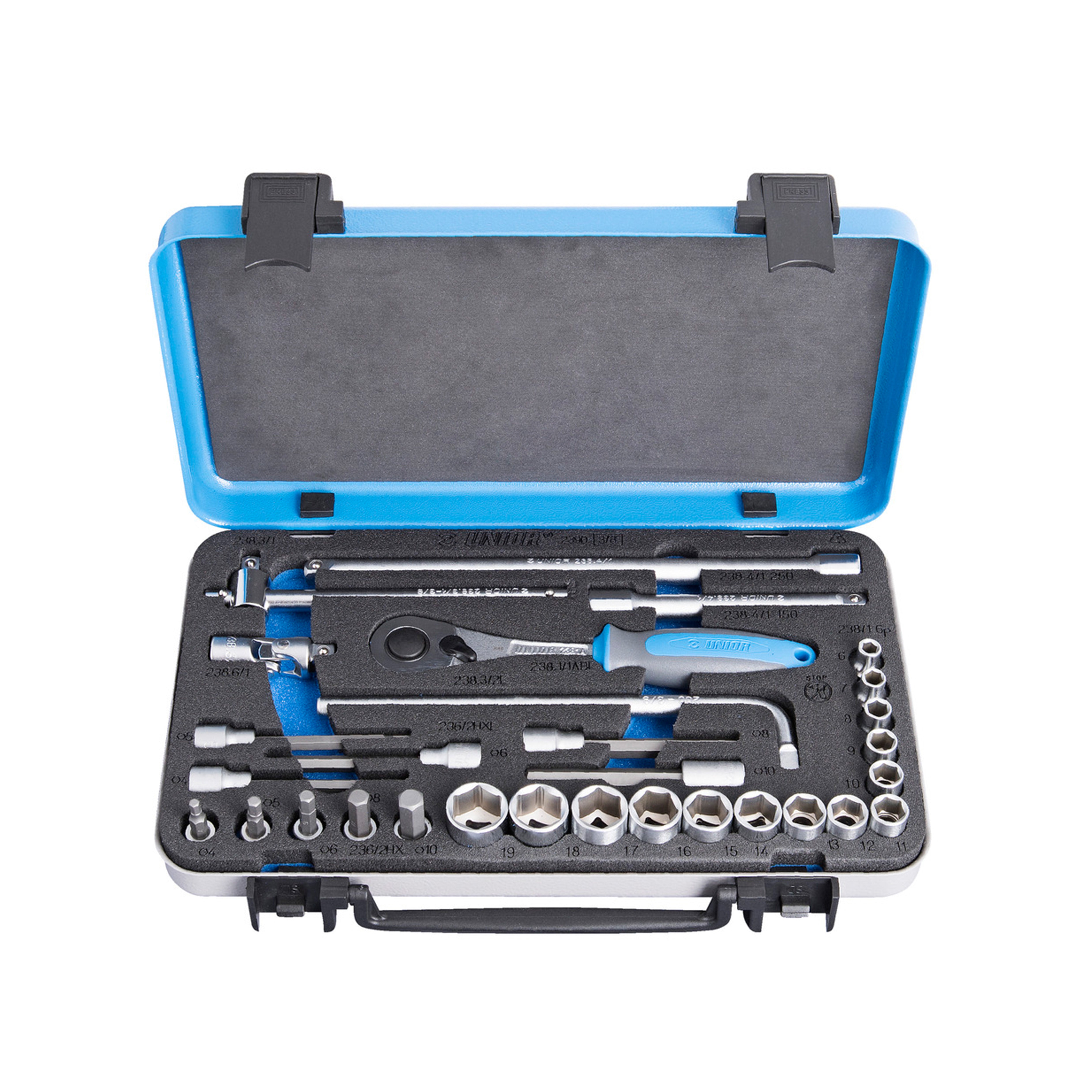 UNIOR Dopsleutelset 3/8'' in Metalen Cassette 30-delig