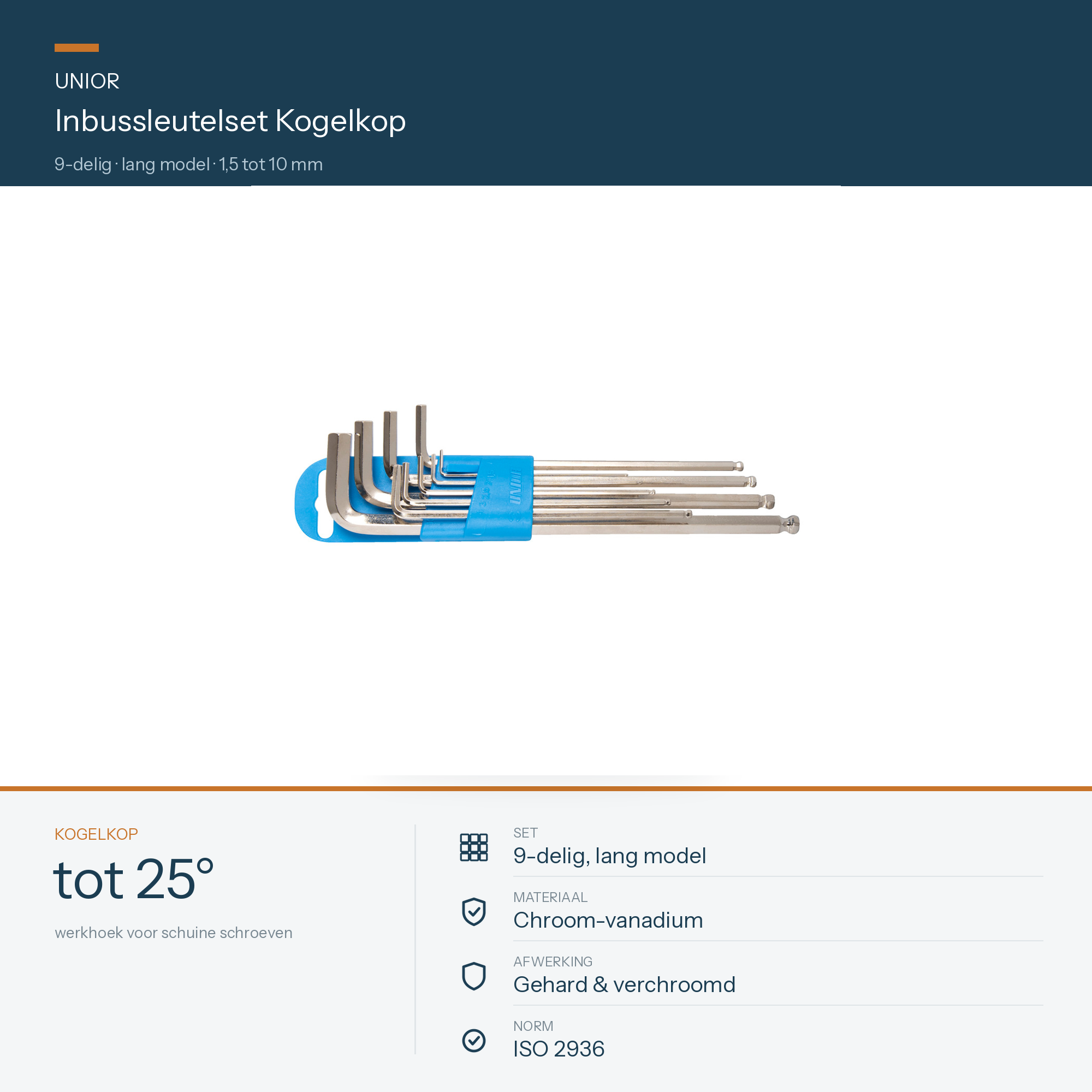 UNIOR Stiftsleutelset Inbus Kogelkop Lang model in Kunststof Houder 9-delig 1.5 - 10