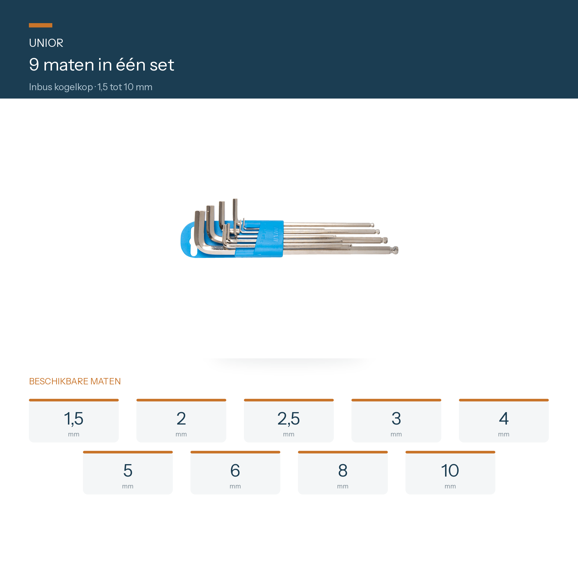 UNIOR Stiftsleutelset Inbus Kogelkop Lang model in Kunststof Houder 9-delig 1.5 - 10